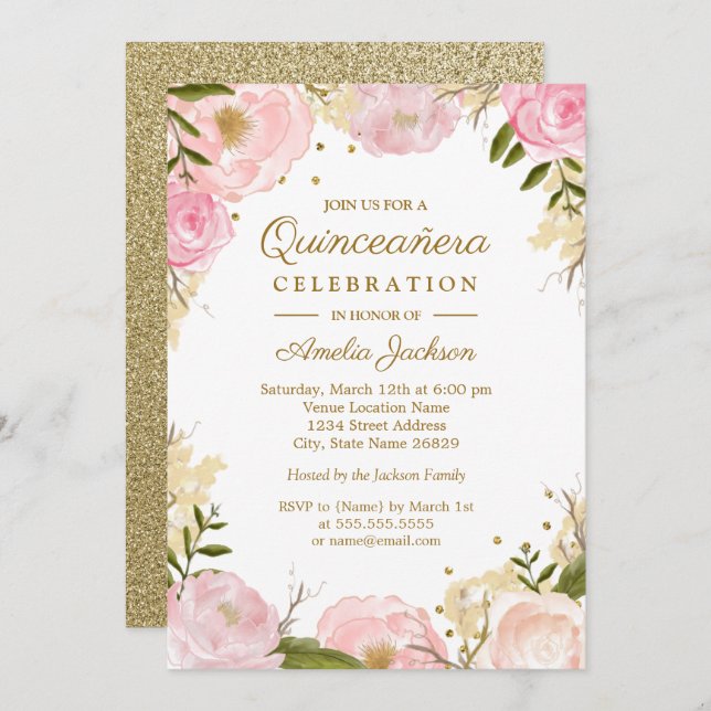 Sparkle Floral Pink Gold Quinceanera Invitation (Front/Back)