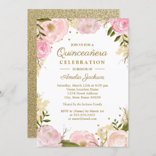 Sparkle Floral Pink Gold Quinceanera Invitation