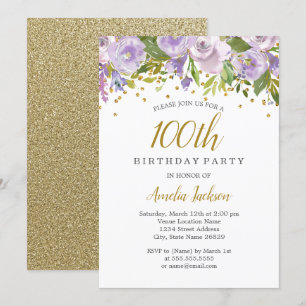 Sparkle Floral Purple 100th Birthday Invite