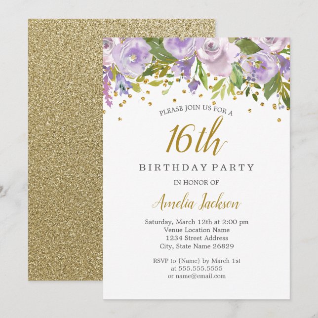 Sparkle Floral Purple 16th Birthday Invite (Front/Back)