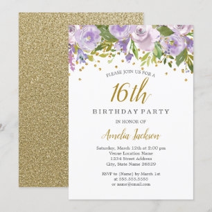 Sparkle Floral Purple 16th Birthday Invite