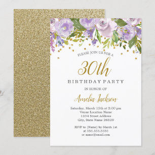 Sparkle Floral Purple 30th Birthday Invite