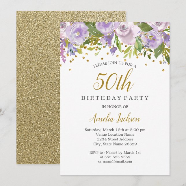 Sparkle Floral Purple 50th Birthday Invite (Front/Back)