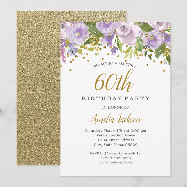 Sparkle Floral Purple 60th Birthday Invite (Front/Back)