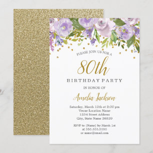 Sparkle Floral Purple 80th Birthday Invite