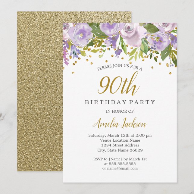 Sparkle Floral Purple 90th Birthday Invite (Front/Back)