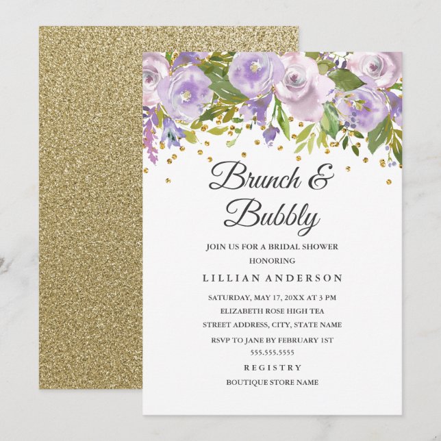 Sparkle Floral Purple Brunch And Bubbly Invitation (Front/Back)