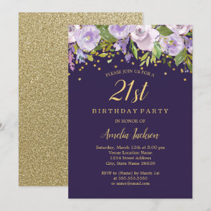 Sparkle Floral Purple Gold 21st Birthday Invite
