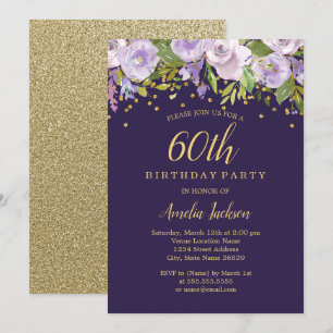 Sparkle Floral Purple Gold 60th Birthday Invite