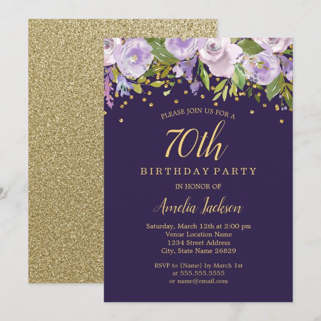 Sparkle Floral Purple Gold 70th Birthday Invite (Front/Back)