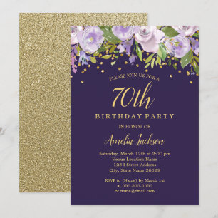 Sparkle Floral Purple Gold 70th Birthday Invite