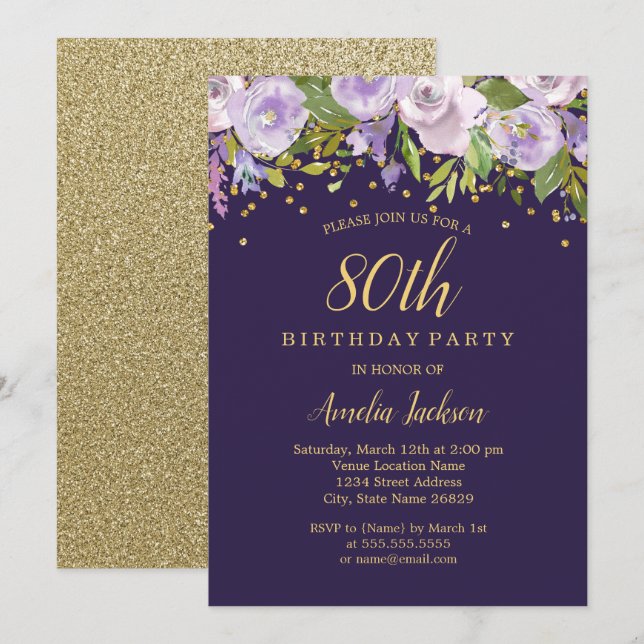 Sparkle Floral Purple Gold 80th Birthday Invite (Front/Back)