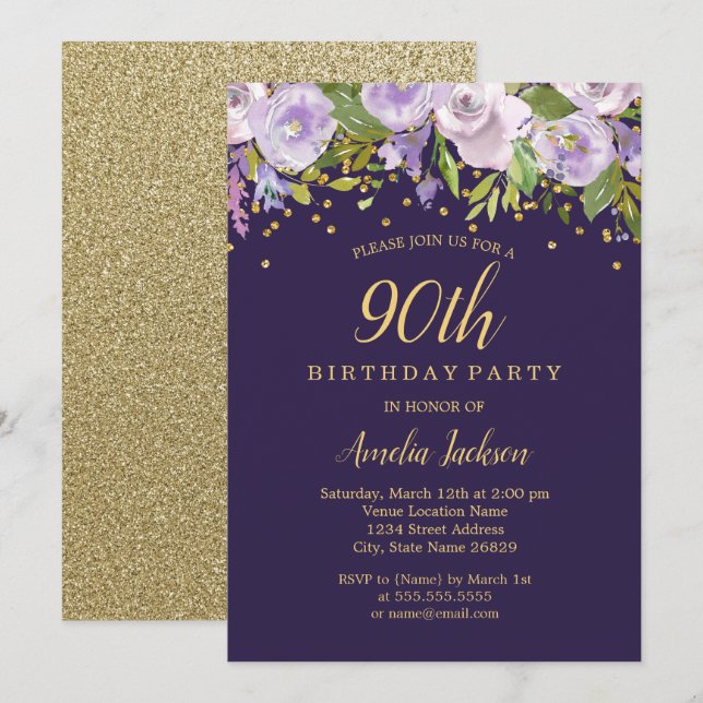 Sparkle Floral Purple Gold 90th Birthday Invite (Front/Back)
