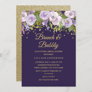 Sparkle Floral Purple Gold Brunch And Bubbly Invitation
