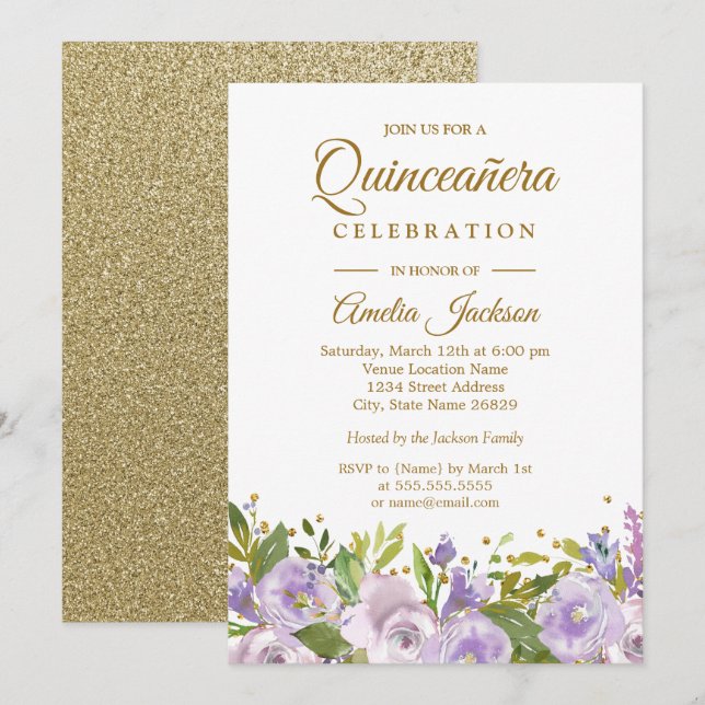 Sparkle Floral Purple Gold Quinceanera Invitation (Front/Back)