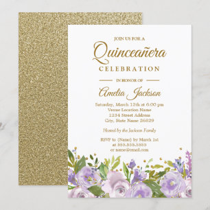 Sparkle Floral Purple Gold Quinceanera Invitation