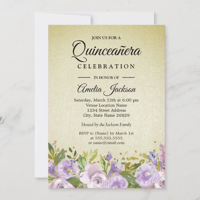 Sparkle Floral Purple Gold Quinceanera Invite (Front)