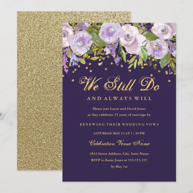 Sparkle Floral Purple Gold Vow Renewal Anniversary Invitation (Front/Back)