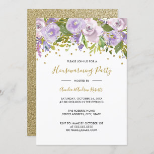 Sparkle Floral Purple Housewarming Party Invite