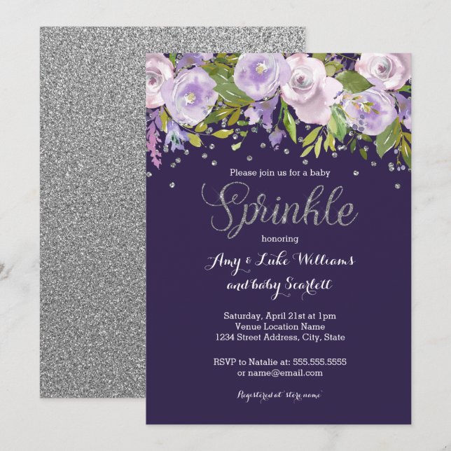 Sparkle Floral Purple Silver Sprinkle Baby Shower Invitation (Front/Back)