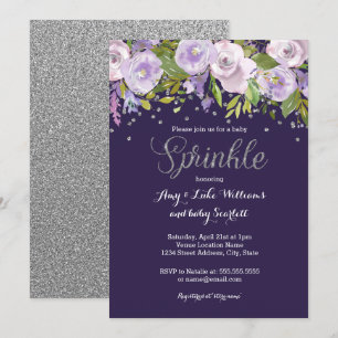 Sparkle Floral Purple Silver Sprinkle Baby Shower Invitation