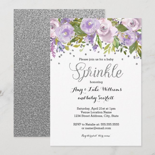 Sparkle Floral Purple Sprinkle Baby Shower Invitation (Front/Back)