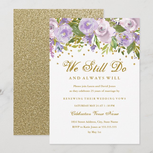 Sparkle Floral Purple Vow Renewal Anniversary Invitation (Front/Back)