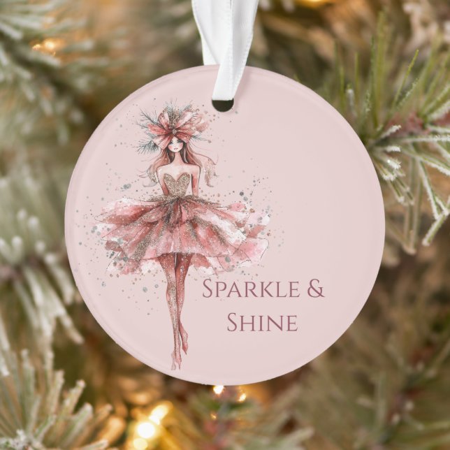 Sparkle Girl in Pink Rose Gold Dress Ornament (Tree)