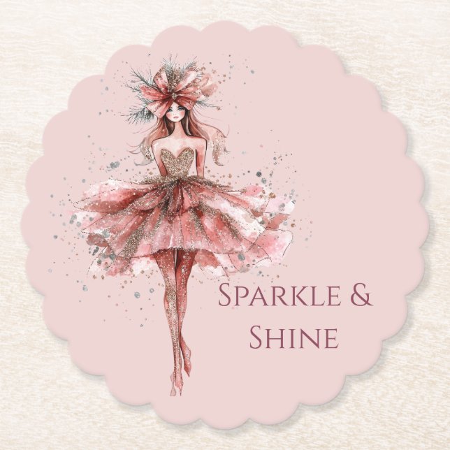 Sparkle Girl in Pink Rose Gold Dress Paper Coaster (Front)