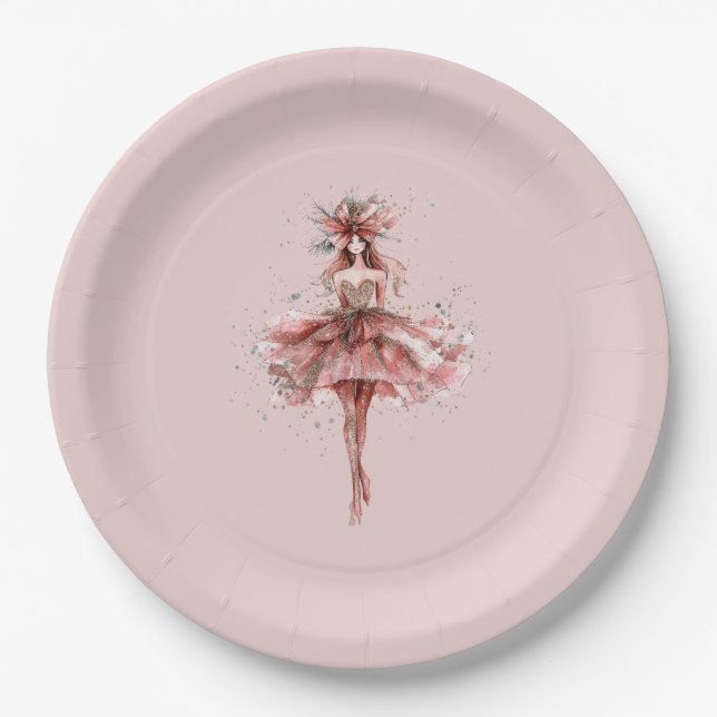 Sparkle Girl in Pink Rose Gold Dress Paper Plate (Front)