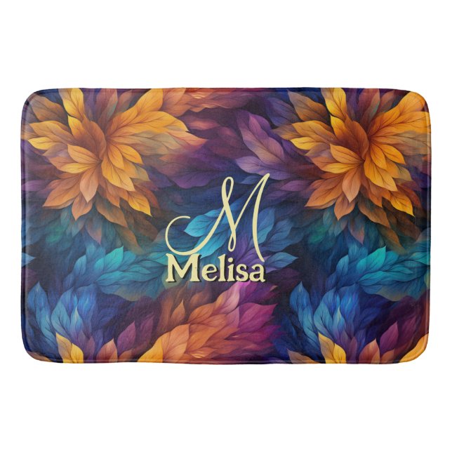 Sparkle Girly Navy Blue Purple Leaves Bath Mat (Front)