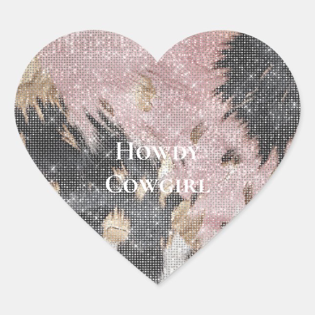 Sparkle Girly Pink Black Gold Cowgirl Cowhide Heart Sticker (Front)