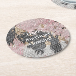Sparkle Girly Pink Black Gold Cowgirl Cowhide Round Paper Coaster