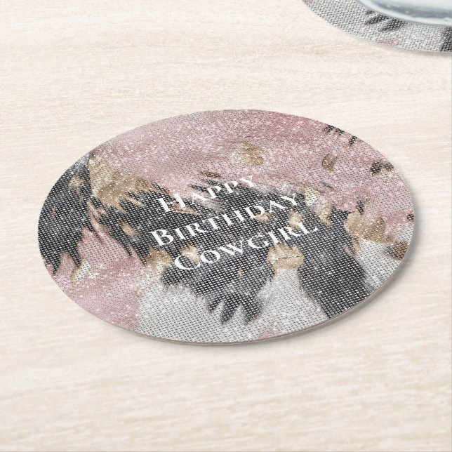 Sparkle Girly Pink Black Gold Cowgirl Cowhide Round Paper Coaster (Angled)