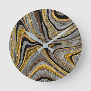 Sparkle Glam Glitter girly marble art grey gold Round Clock