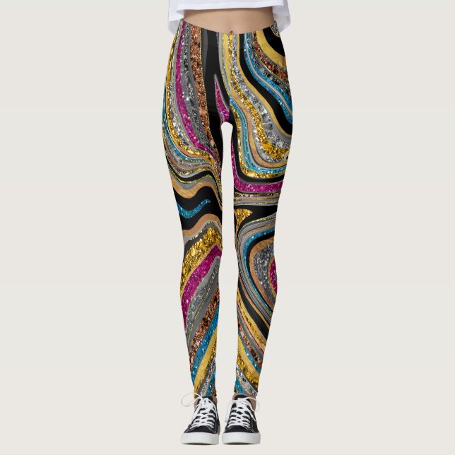 Sparkle Glam Glitter girly marble art grey Leggings (Front)