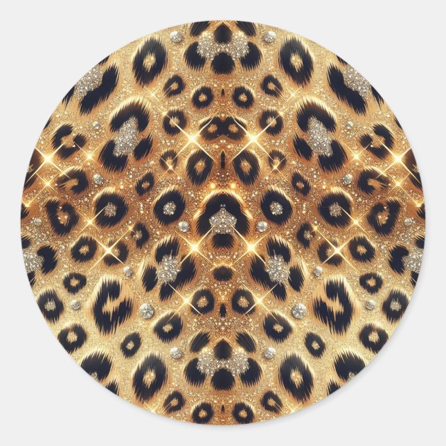 Sparkle Glam Gold Black Leopard Cheetah Print  Classic Round Sticker (Front)