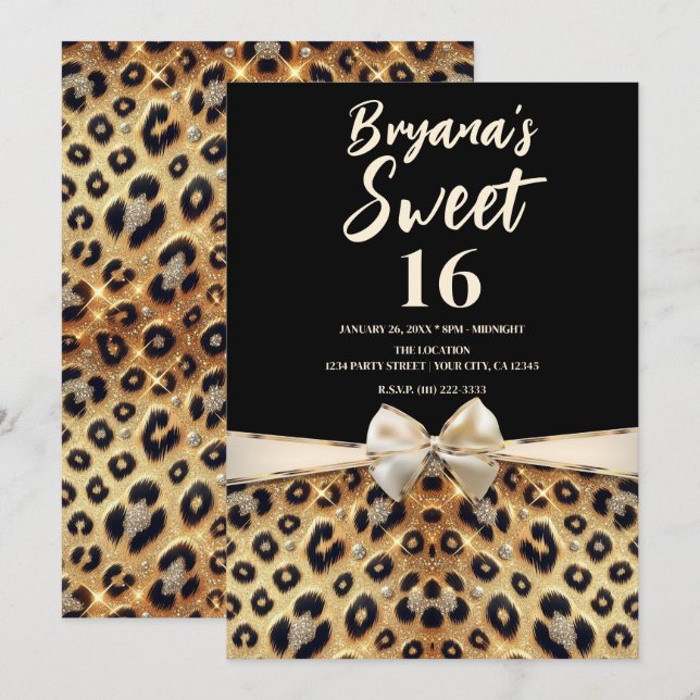 Sparkle Glam Gold Black Leopard Print Sweet 16 Invitation (Front/Back)