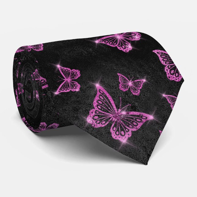 Sparkle Glam Hot Pink Butterflies  Tie (Rolled)