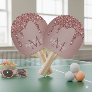 Sparkle Glam Rose Gold Dripping Glitter Monogram Ping Pong Paddle