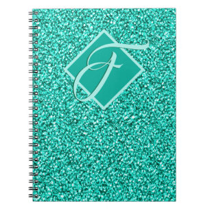 Sparkle Glam Turquoise Blue Glitter Monogram Notebook