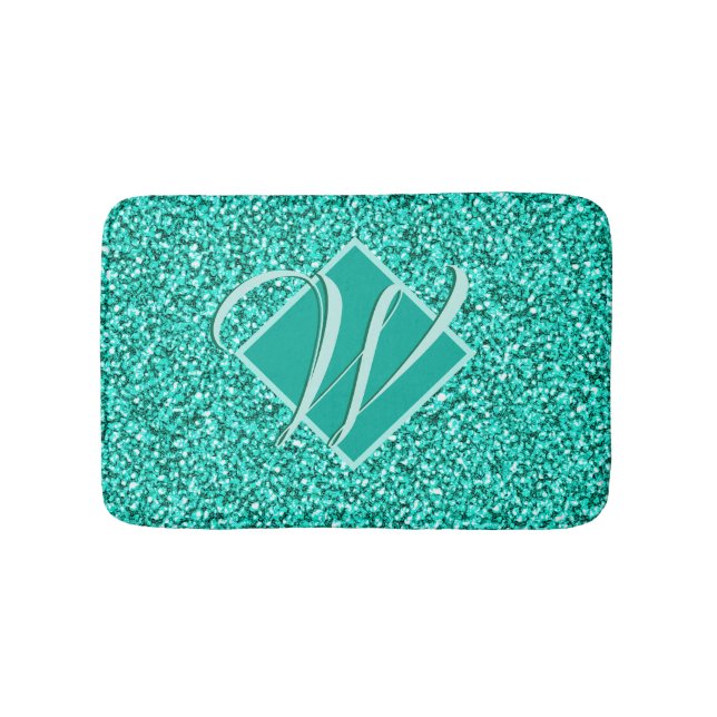 Sparkle Glam Turquoises Blue Glitter Monogrammed Bath Mat (Front)