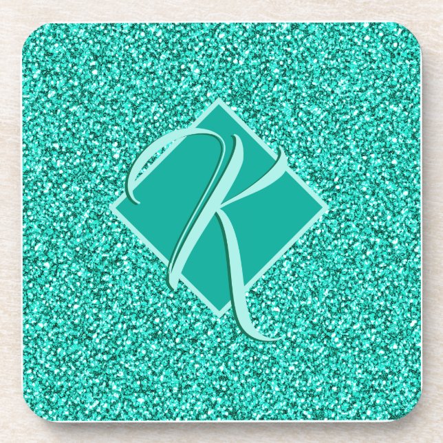 Sparkle Glam Turquoises Blue Glitter Monogrammed Coaster (Front)