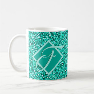 Sparkle Glam Turquoises Blue Glitter Monogrammed Coffee Mug