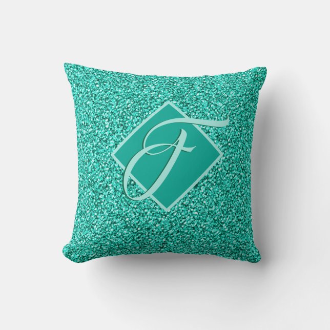 Sparkle Glam Turquoises Blue Glitter Monogrammed Cushion (Front)
