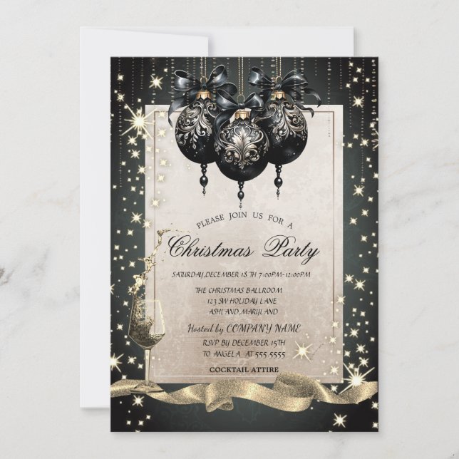 Sparkle,Glass,Black Balls Company Christmas Party Invitation (Front)