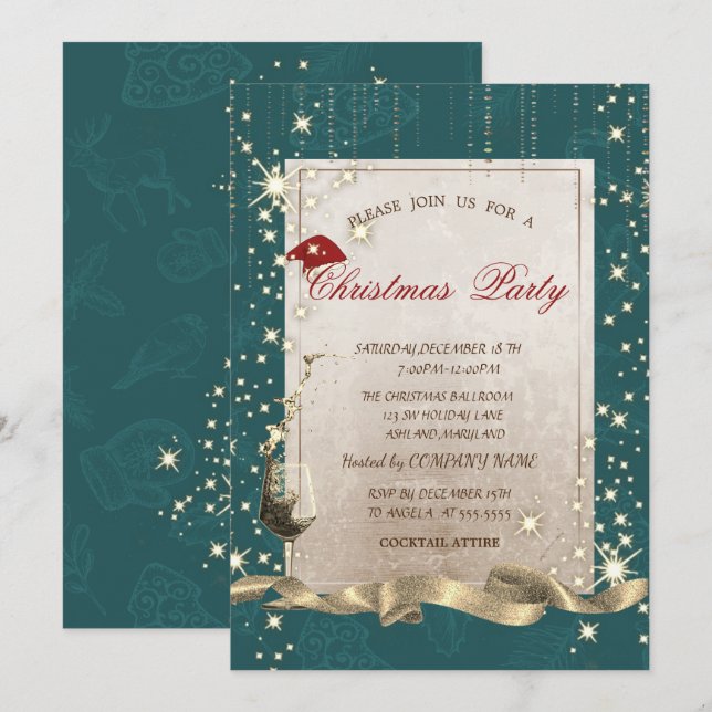 Sparkle,Glass,Green Corporate Christmas Party Invitation (Front/Back)