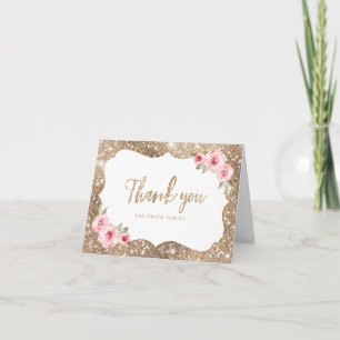 Sparkle glitter and pink floral thank you note card