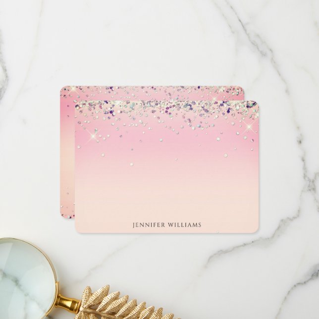 Sparkle Glitter Border Pink Custom Name Note Card (Front/Back In Situ)