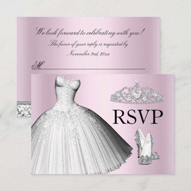 Sparkle Glitter Dress & Heels Quinceanera RSVP Invitation (Front/Back)